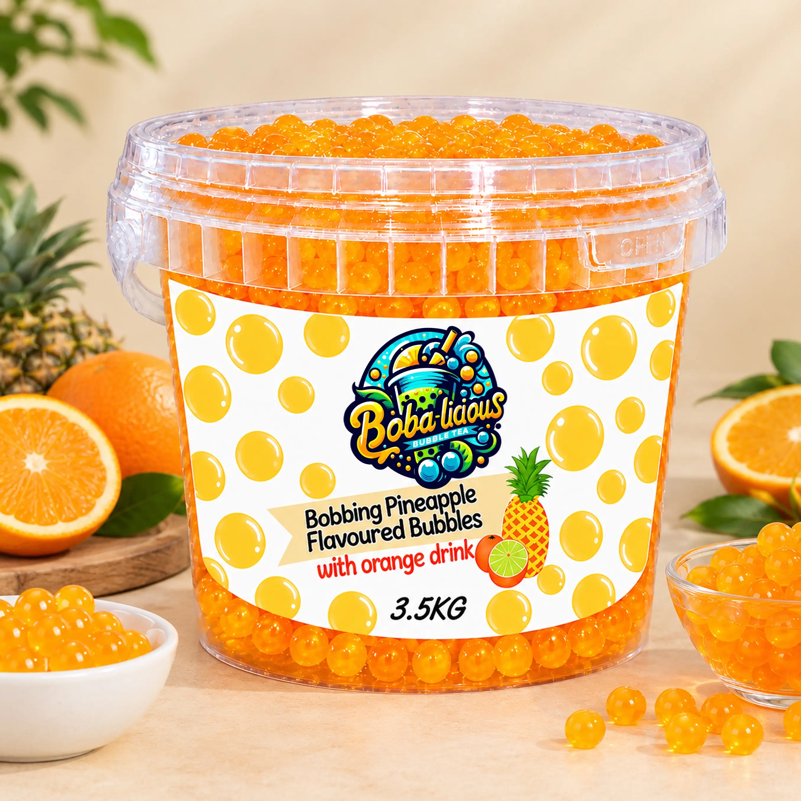 1. BUBBLE TEA Boba-licious 3.5 kg pineapple-flavoured popping boba bucket with orange drink, pineapple and orange.